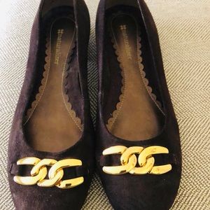 suede flats, gold buckle